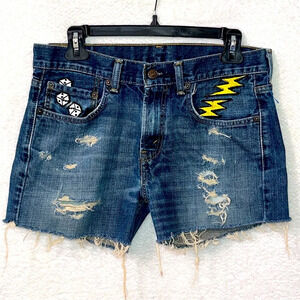 Levis 569 Cut Off Distressed Denim Shorts‎ Womens 30/31 Patches Y2K Festival